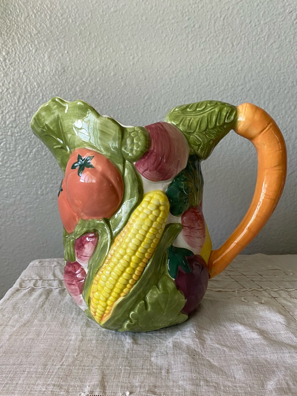 Ceramic Vegetable Carrot Handle Vintage Cornucopia Pitcher